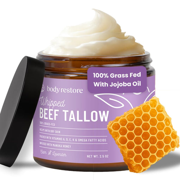 Grass Fed Whipped Beef Tallow for Dry Skin, Face - Manuka Honey, Jojoba Oil, Christmas Stocking Stuffers, White Elephant, Birthday Gifts for Women, Men, Travel Essentials - Lavender