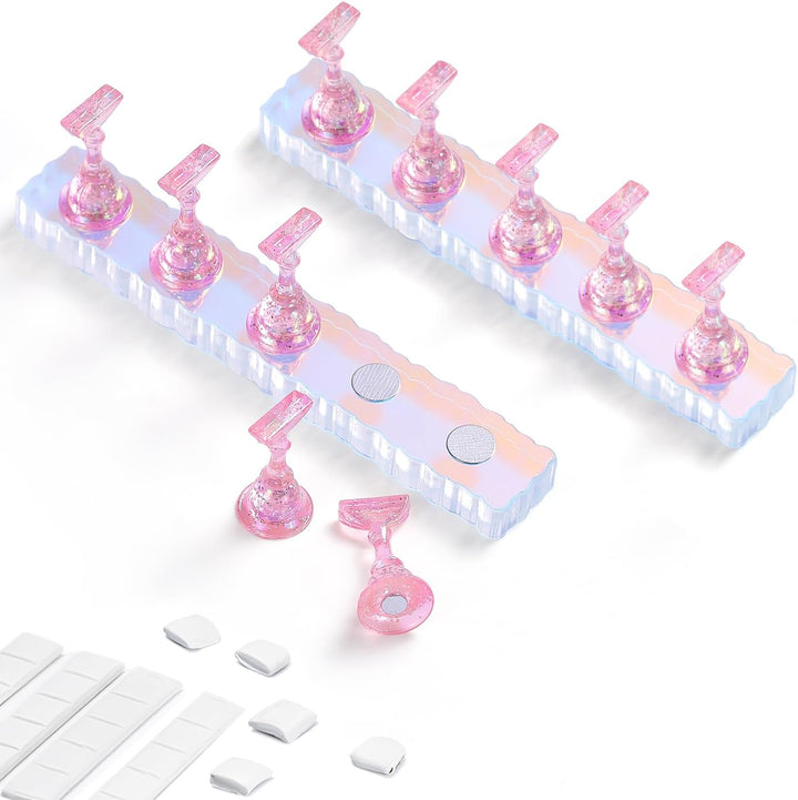 2 Set Nail Holder for Display Painting Nails - Aurora Acrylic Magnetic Practice Nail Stand Set - Fake Nail Holder for Press on Nails with Reusable Adhesive Putty (Aurora Pink)
