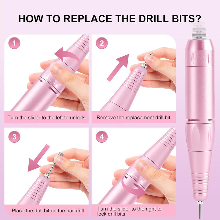 Professional Electric Nail Drill File: Glitter Portable Cordless E-File Nail Drill Kit with 11 Drill Bits,30000 RPM Rechargeable Nail Drills Machine for Acrylic Nails Gel Polishing (Pink)
