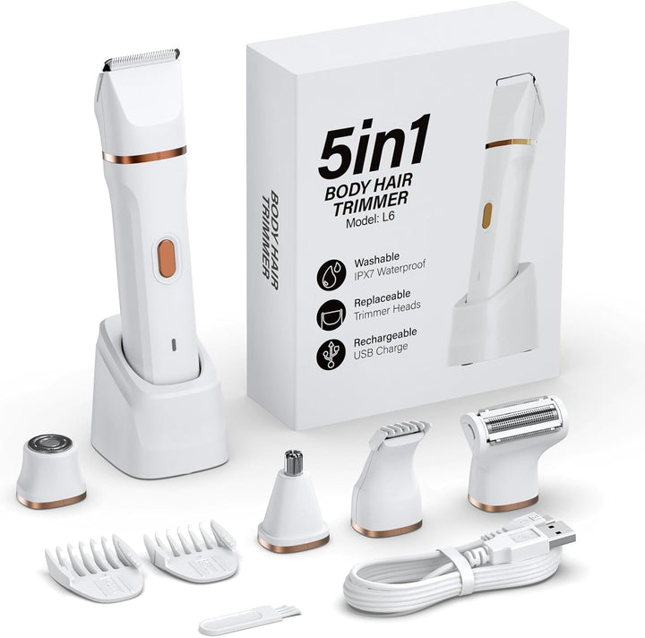 5-In-1 Bikini Trimmer for Women, IPX7 Waterproof Electric Razors Shaver, Cordless Body Hair Trimmer, Facial & Pubic Hair Removal, Ceramic Blade (White)