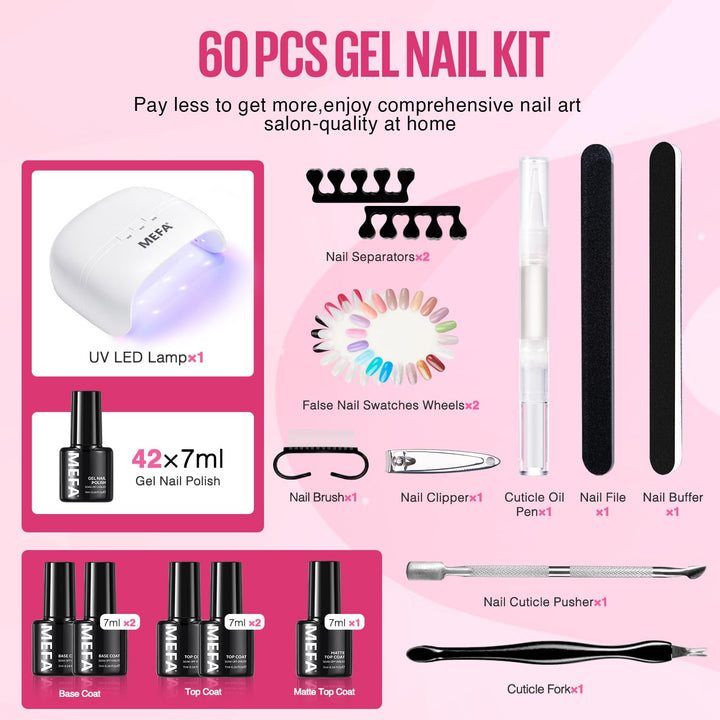 42 Colors Gel Nail Polish Kit with U V Light, 59 Pcs All Seasons Collection Colorful Gel Polish Essential Set with 5 Psc Matte/Glossy Base Top Coat, Salon Gifts for Women