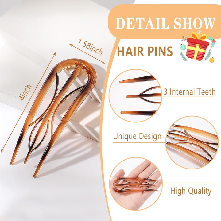 6PCS French Hair Pins for Women, Tortoise Shell French Pins Hair, Large Hair Styling Pins for Thin Thick Hair, 3 Internal Teeth Hair Sticks, Lialys Hair Pin for Buns, French Twist Pin Wavy U Shaped