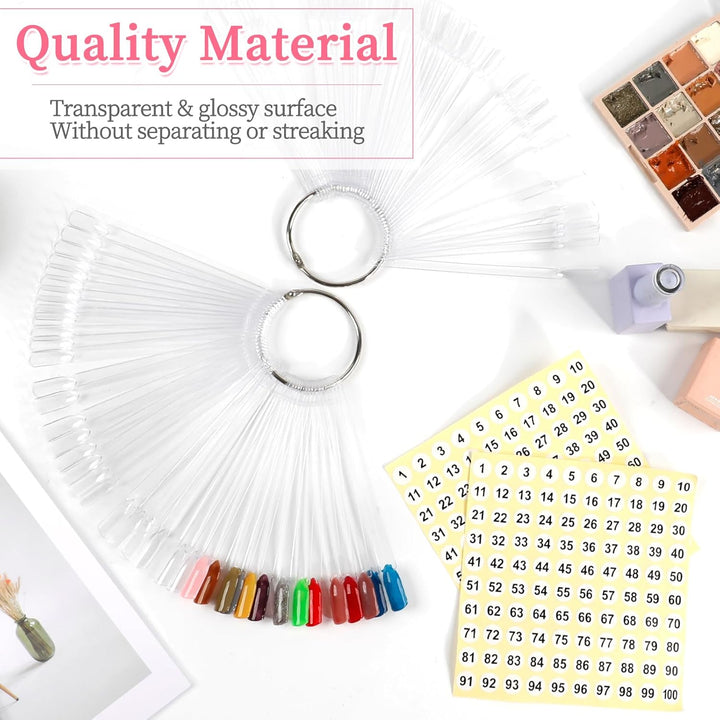 100 Pcs Nail Swatch Sticks with Ring, Nails Art Display/Nail Practice Sticks for Home or Salon Use, 2 Pack Number Stickers