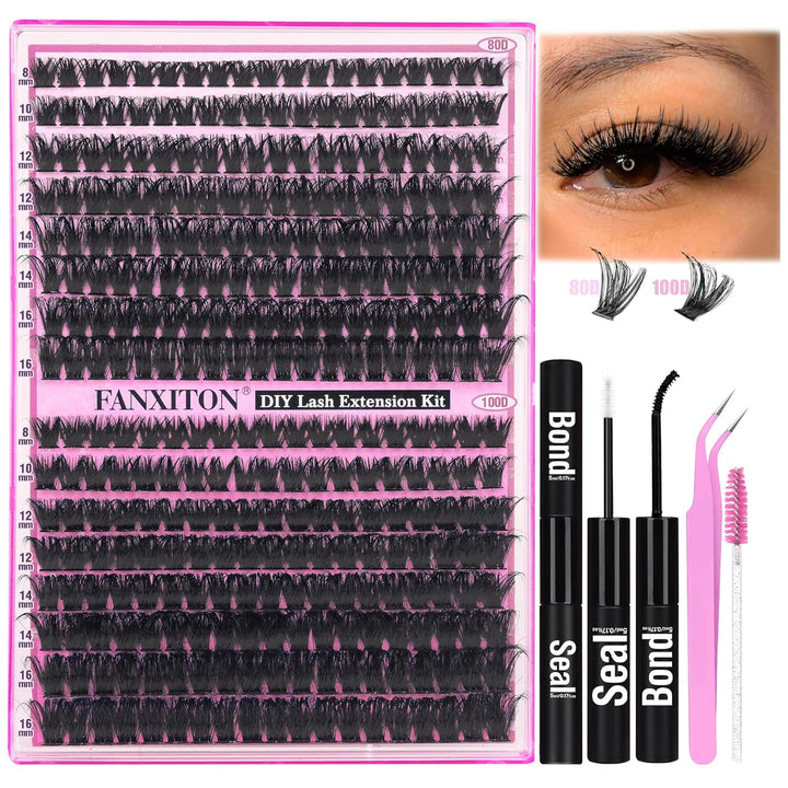 DIY Lash Extension Kit Volume Lash Clusters 40D+50D D Curvature Individual Lashes Lash Clusters Kit Thick Eyelash Extension Kit 280 Pcs Thin Band Cluster Lashes Lash Bond and Seal Tweezers