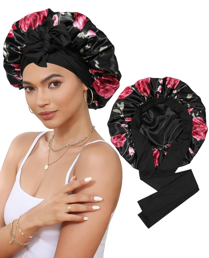 Satin Bonnet for Sleeping Cap Double Layer Hair Bonnet with Elastic Tie Band for Curly Hair Night Cap (Bean Paste + Pink)