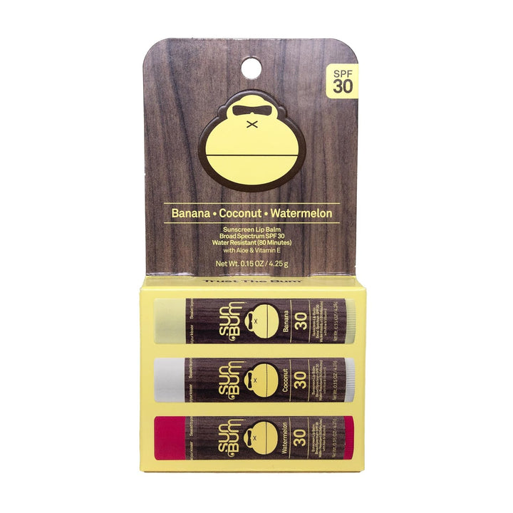 SPF 30 Sunscreen Lip Balm 3 Flavor Variety Pack - Coconut, Banana, Watermelon - Moisturizing Aloe Vera and Vitamin E - Vegan and Cruelty Free - UVA/UVB Lip Protection - 0.15 Oz, 3 Count