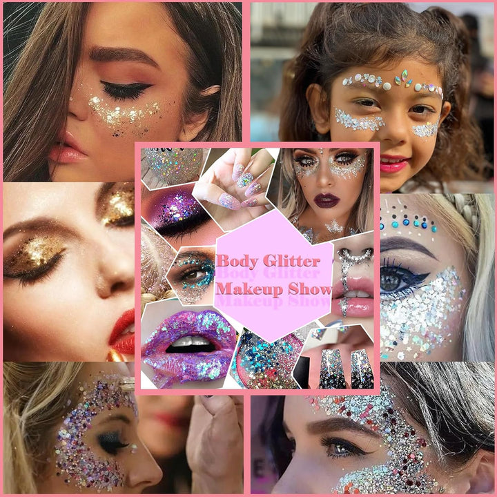 Body Glitter Face Glitter Gel: Singer Concerts Disco Festival Rave Accessories Face Glitter Makeup 150Ml Chunky Sequins Mermaid Face Body Hair Glitter Gel (White&Silver&Pink)