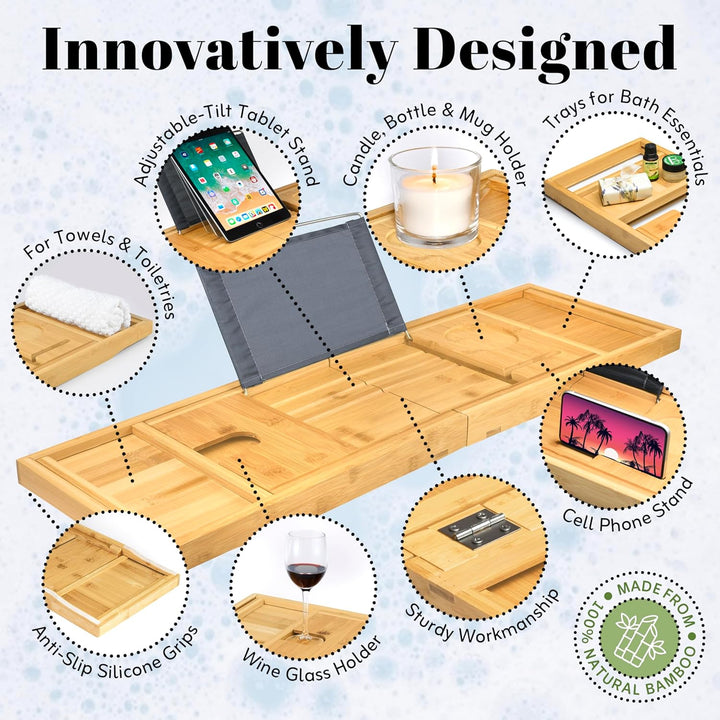 Premium Foldable Bathtub Tray - Bamboo Waterproof Bath Tray for Tub Caddy - Wooden Holder for Wine, Book, Soap, Phone, Luxury Gift for Men & Women - Expandable, Fits Most Tubs in Bathroom