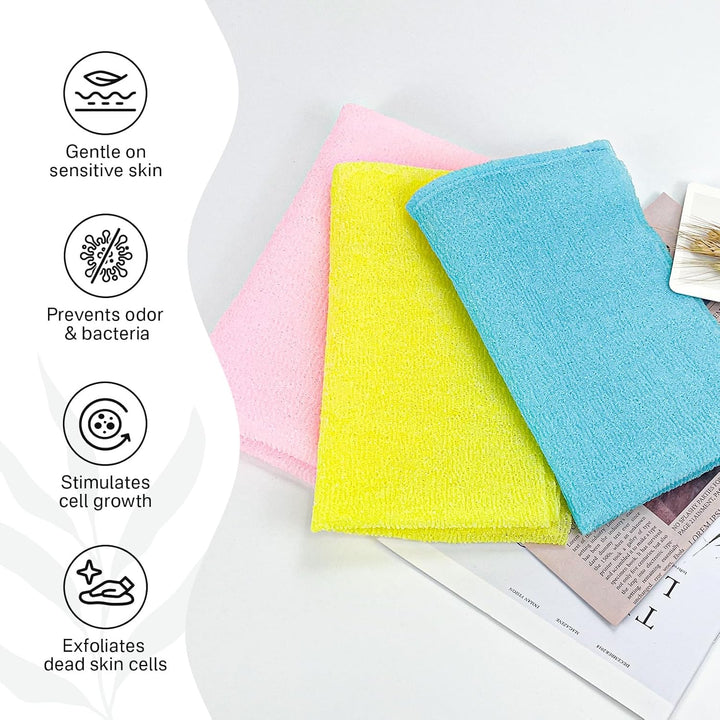 Exfoliating Washcloth Towel [3 Pack], Japanese Exfoliating Wash Cloth, Korean Body Scrubber Exfoliator, Back Scrubber Washer for Shower Bath, Body Scrub African Net Sponge Loofah Luffa Colors