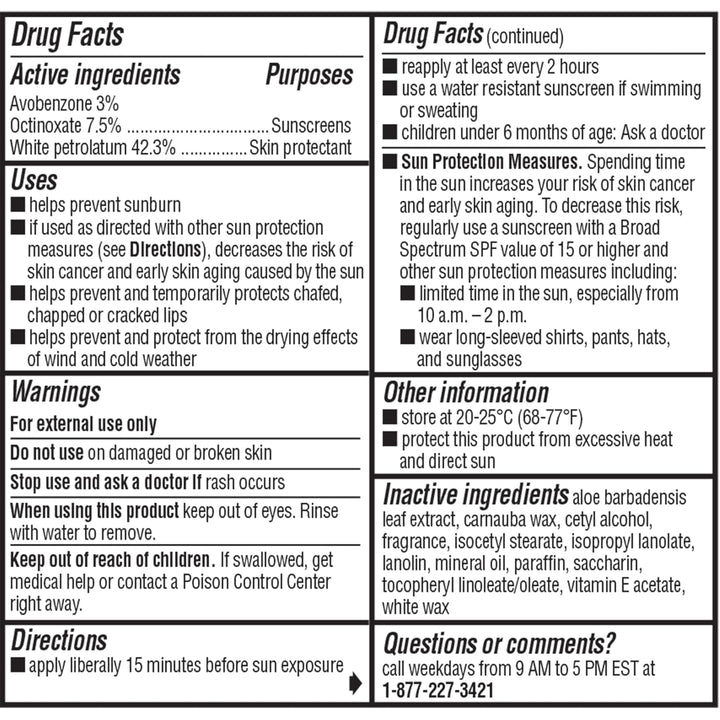 Moisturizer Original Lip Balm Tubes, SPF 15 and Skin Protectant - 0.15 Oz, 3 Count (Pack of 1)