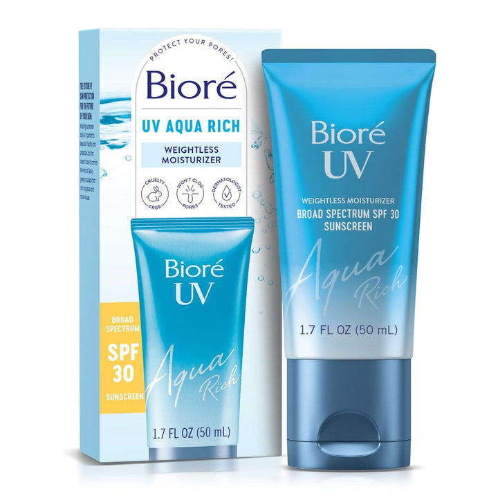 Biore UV Aqua Rich Daily Hydrating Facial Moisturizer with SPF 50 | Oil Free Sunscreen for Sensitive Skin with Hyaluronic Acid, Non-Comedogenic, Dermatologist Tested, 1.7 Oz