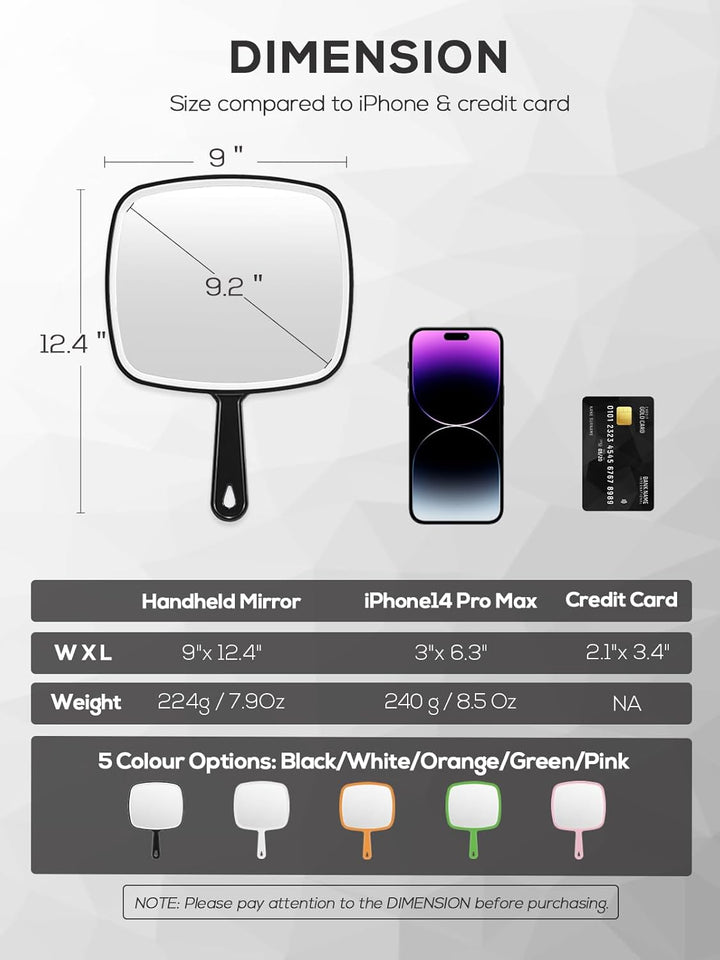 Extra Large Handheld Mirror，Hand Salon Mirror with Handle for Barbers, Hairdressing (Black，12.4" Lx 9" W)
