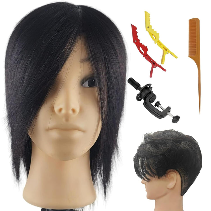 Mannequin Head Human Hair for Hair Styling, Barber Mannequin Head Male with 100% Human Hair and Beard Cosmetology Training Manikin Head with Stand