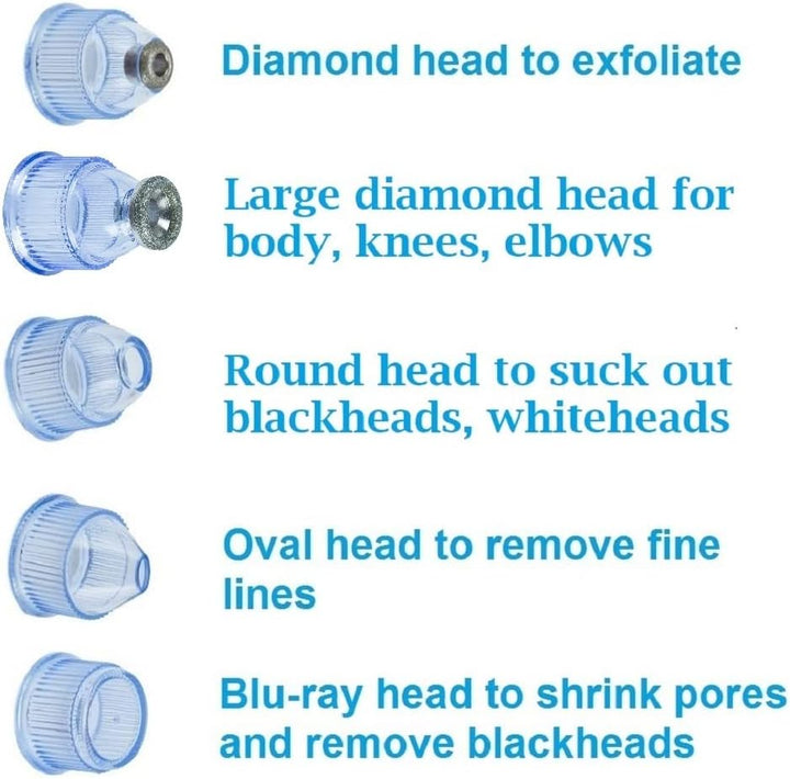 Microdermabrasion Machine -  Premium Diamond Microdermabrasion Device Tool - 2 Diamond Tips - 5 Heads - Blackhead Blemishes Remover - Pores Fine Lines Minimizer