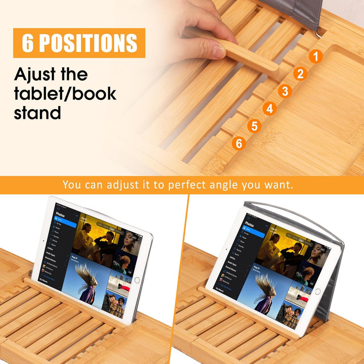 Luxury Bathtub Caddy Tray for Tub - Foldable Bamboo Bath Table Tray with Book and Wine Glass Holder, Expandable Bathroom Accessories for Spa or Reading Lite Style