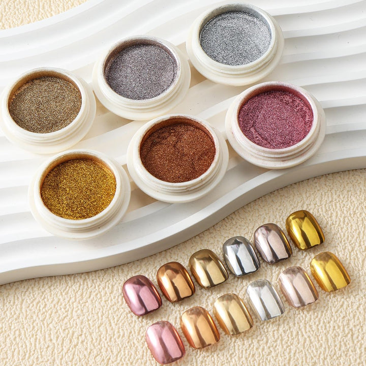 6PCS Chrome Nail Powder Metallic Mirror Pigment Glitter Effect Holographic Powder for Nails, Rose Gold Silver Champagne Rubbing DIY Dust for Nail Designs Decoration Supplies