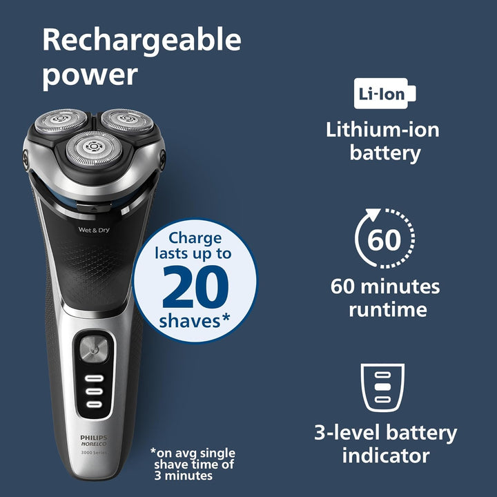 Shaver 3900 Series, Wet and Dry Electric Shaver, P-Cap, Travel Pouch, Charging Stand, Storm Blue, Model S3341/92