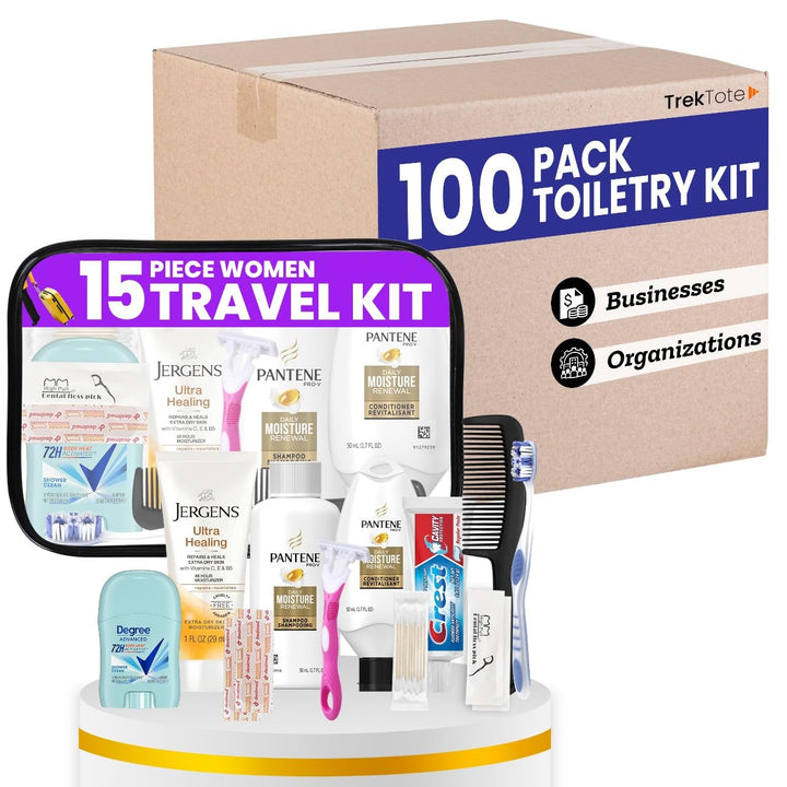 Travel Toiletry Kit for Women – 15 Piece Set of Premium Travel Size Toiletries, TSA Compliant Travel Essentials, Includes Shampoo and Conditioner, Body Wash, Toiletry Bag & More