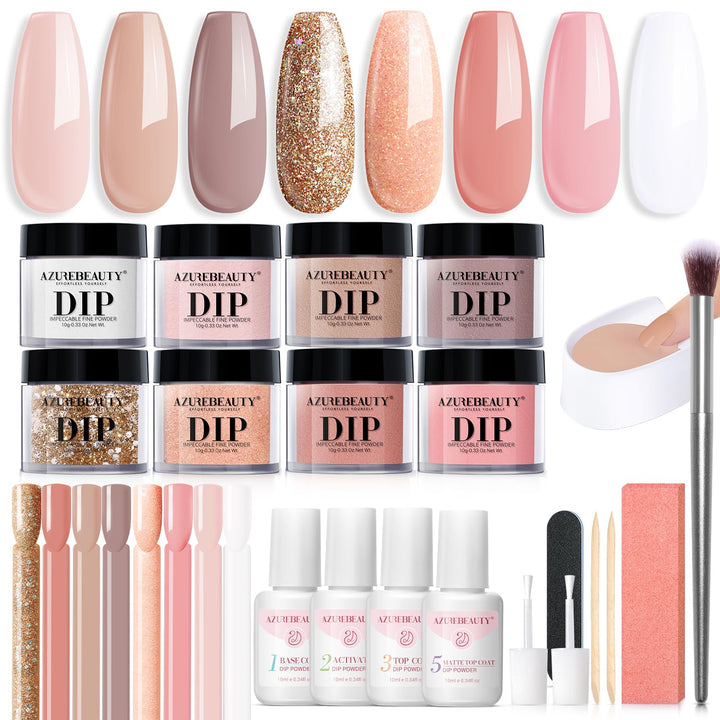 30Pcs Dip Powder Nail Kit Starter with Nail Sticks, 8 Colors Fall Winter Nude Brown Glitter, Dipping Powder Liquid Set with Matte/Base/Top Coat Activator for French Manicure Salon