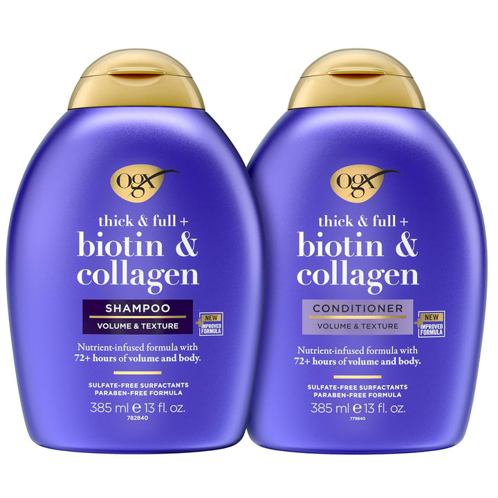Thick & Full + Biotin and Collagen for Hair Volume & Body, Sulfate Free Volumizing Shampoo & Conditioner Set for Fine & Thinning Hair, Nutrient-Infused, Vitamin B7, 13 Fl Oz, 2 Pack