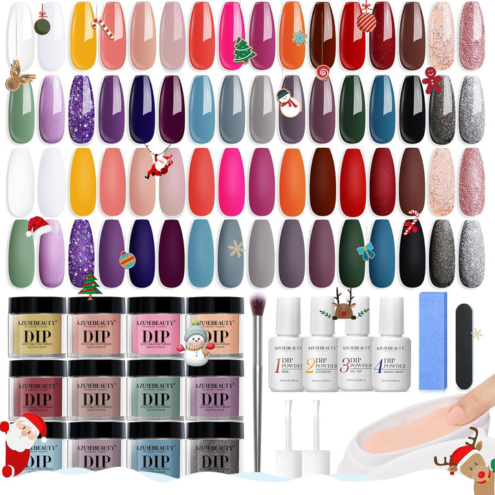 42Pcs Dip Powder Nail Kit Starter, 32 Colors Green Nude Brown Blue Christmas Dipping Powder Set with Top/Base Coat & Recycling Tray for French Art Manicure Salon