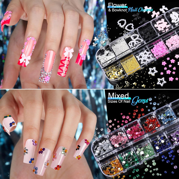 Nail Charms Nail Stickers for Nail Art Kit, 8 Boxes Nail Rhinestones Nail Gems Pearls for Nails with 20 Sheets Nail Art Stickers, 3D Gold Nail Charms and Gems Nail Supplies Nail Art Tools
