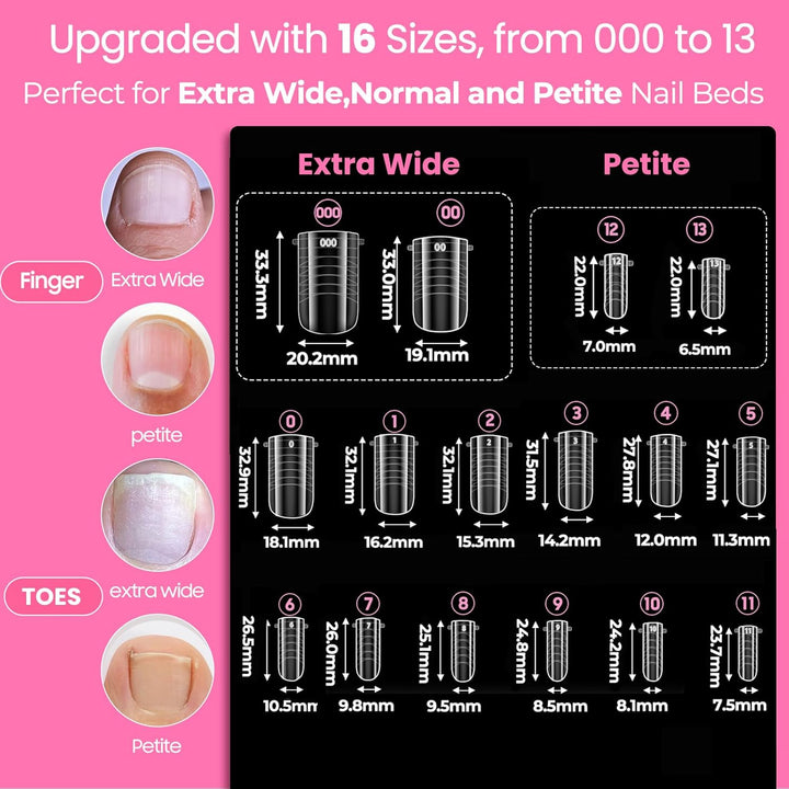 Straight Flat Polygel Nail Forms for Finger and Toes, Pre-Etched No File Dual Forms Molds for Large Wider Normal Petite Finger &Toe Nail Beds,16 Sizes 000 to 13