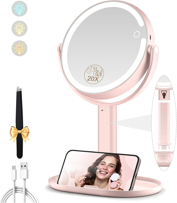 Makeup Mirror with Lights, Double Sided 1X/20X Magnifying Mirror with Light, Rechargeable 3 Color Lights and Adjustable Brightness, 360° Rotation Detachable Comes with Tweezer(White)