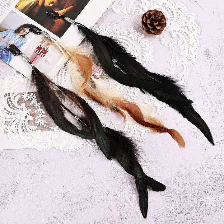 Feathers Hair Extensions for Women Boho Clip-In Hair Feather Accessories for Carnival Halloween Party Performances Photo Shoots, Brown Black Dark Coffee(3 Pcs)