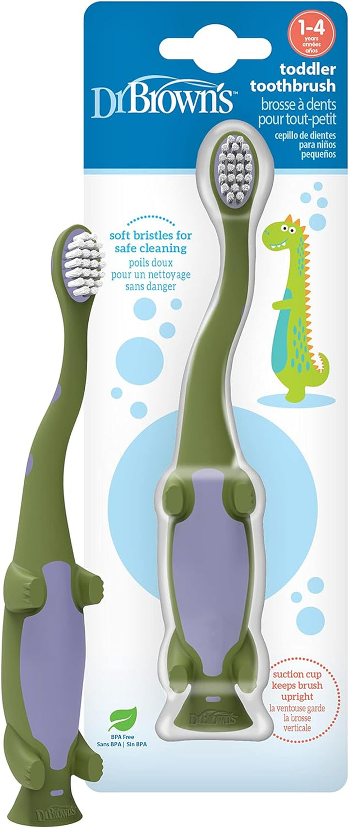 Toddler Toothbrush, Dinosaur, Green and Orange, 2-Pack