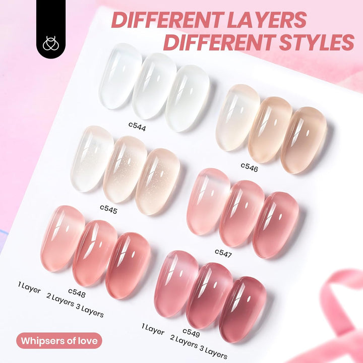 Whispers of Love Jelly Gel Nail Polish Set - 6 Colors Milky White Nude Pink Neutral Sheer Translucent Soak off UV Gel Nail Kit, Nail Concealer for Salon DIY Manicure Gift for Women