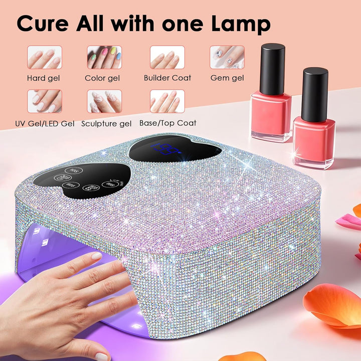 UV LED Nail Lamp Cordless,  80W Rechargeable UV Light for Gel Nails, Professional Gel Light Dryer with 5 Timers & Mirror Base, Sparkling Rhinestones Diamond Curing Lamp for Salon & Home