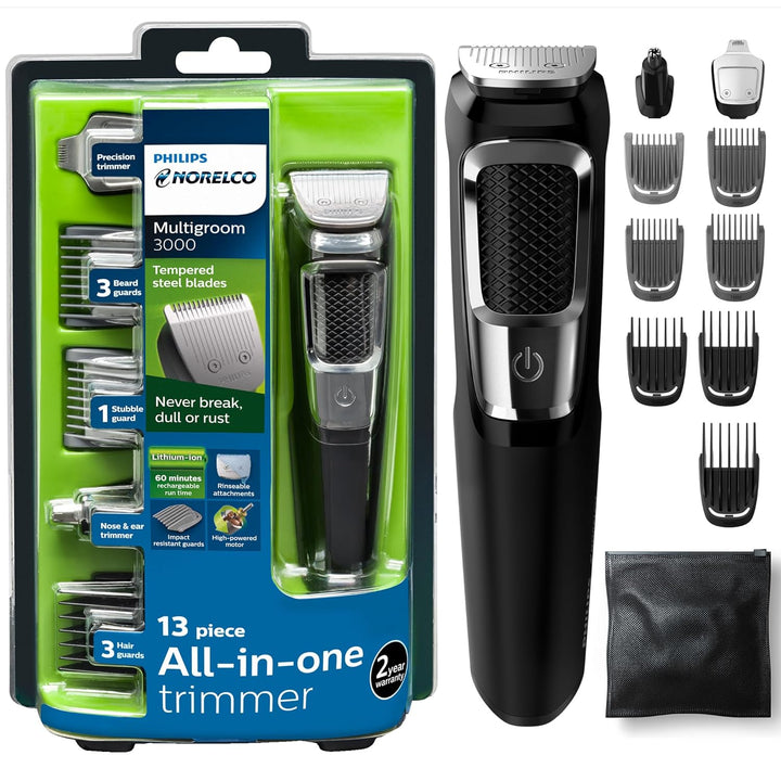 Philips Multigroom 3000 Series, All-In-One Trimmer, 13 Piece Men'S, Grooming Kit for Beard, Face, Nose, and Ear Hair Trimmer and Hair Clipper - NO Blade Oil Needed, MG3740/40