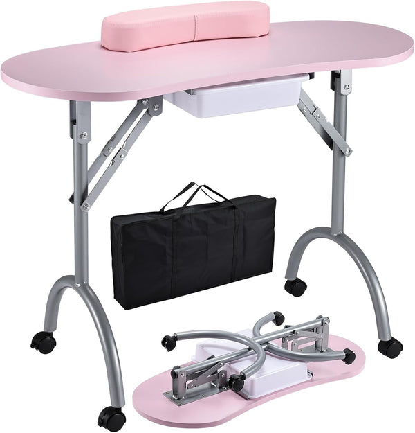 Professional Foldable & Portable Manicure Table Nail Technician Desk Workstation 4 Lockable Wheels with Drawer Client Wrist Pad Free Carrying Bag Travel Nail Tech Spa Beauty Table Pink