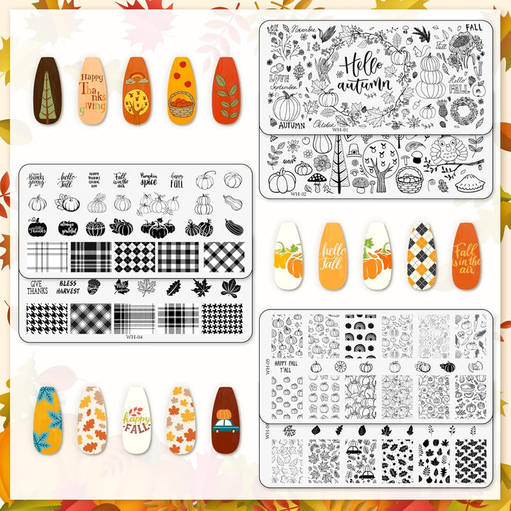 6Pcs Fall Thanksgiving Theme Nail Art Stamping Plate Kit Various Pattern Pumpkin Maple Autumn Blessing Collection Checkered Nail Art Plate for Thanksgiving Day DIY Design Print Manicure Salon