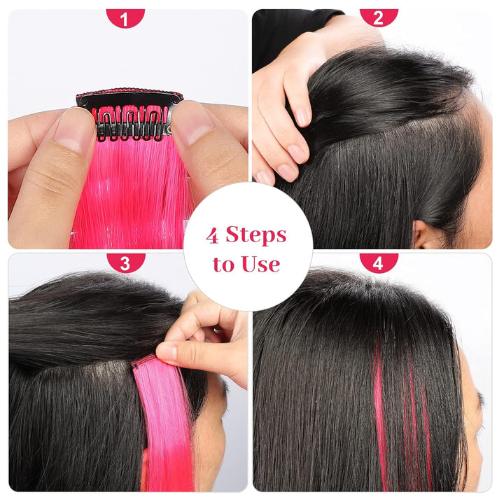 12 Pcs Clip in Hair Extensions, 22 Inch Colored Hair Extensions Party Highlights Long Straight Synthetic Hairpieces for Women Kids Girls (Hot Pink)