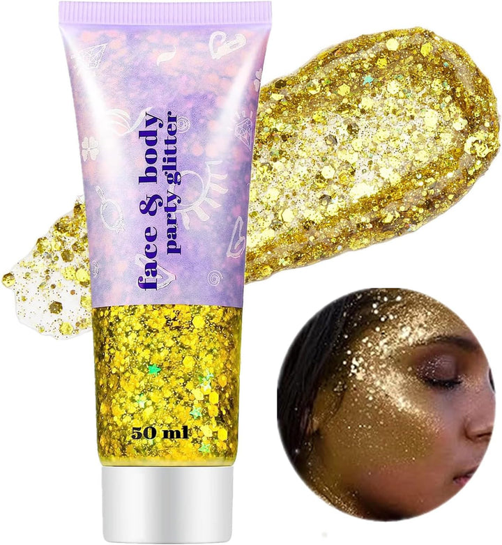 Gold Face Body Glitter,Mardi Gras Glitter Makeup Gold Face Paint,Holographic Chunky Sequins Glitters for Eye Lip Hair Nails,Festival Rave Accessories,52G