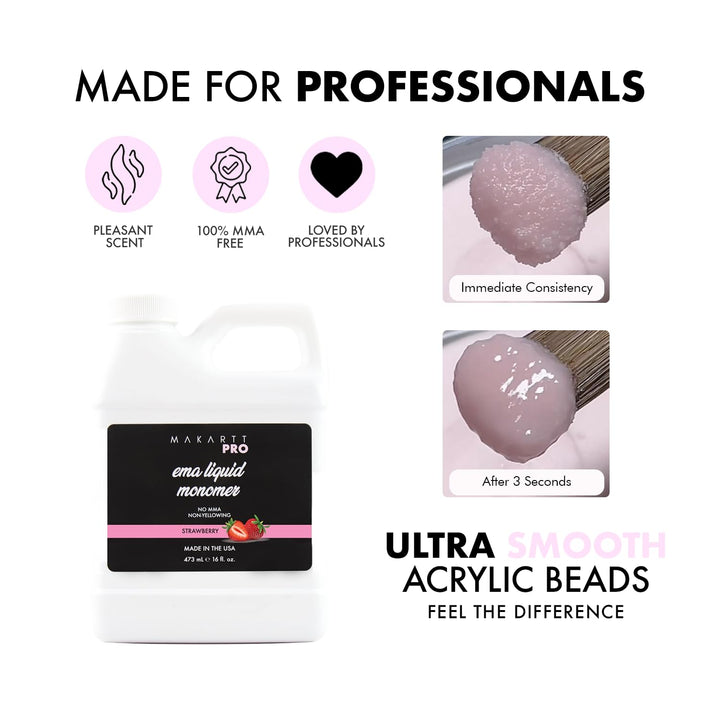 Strawberry Scented Monomer for Acrylic Nail Sets and Acrylic Nail Kit, 16Oz - Medium to Fast Setting, MMA Free, Made in USA, Professional Quality Acrylic Liquid