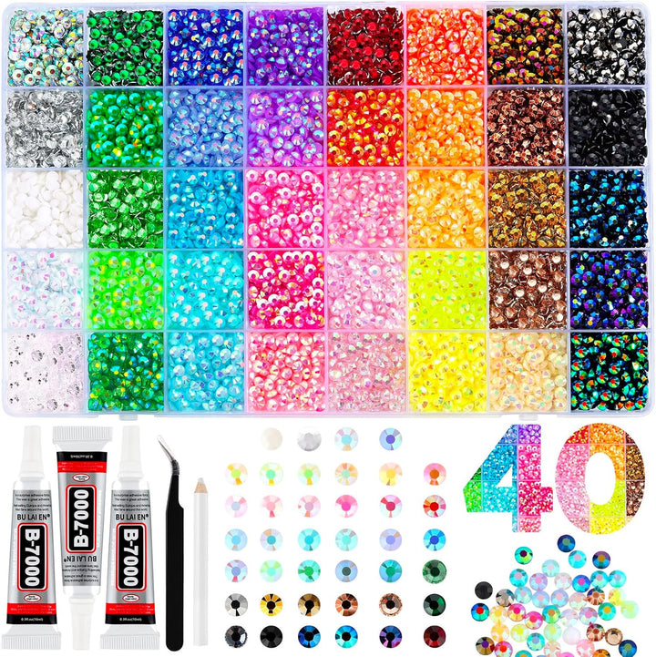40 Colors Resin Jelly Rhinestones for Bedazzling, 3Mm 32000 Pcs Flatback Gems for Crafting, Bedazzling Kit with 3Pcs B7000 Glue for Clothing Shoes Nail Book Diamond Art