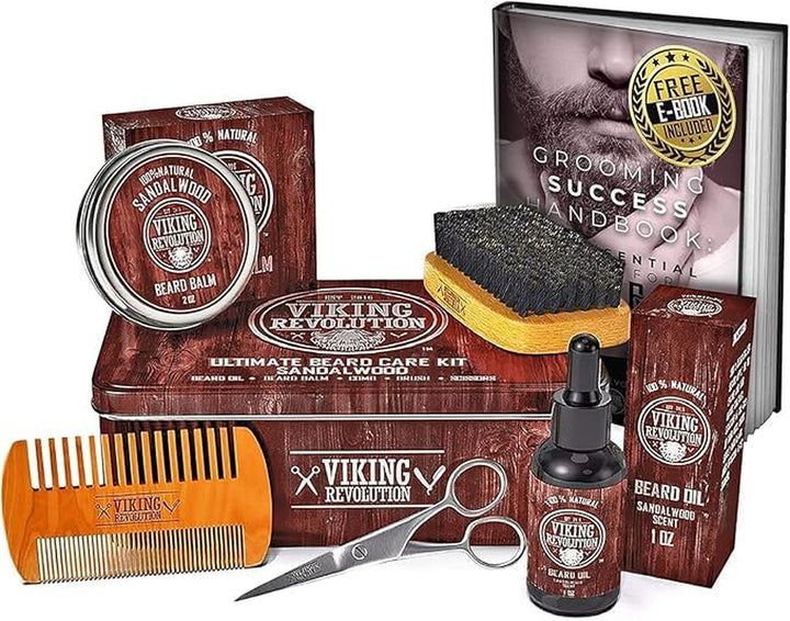 Ultimate Grooming Kit for Men - Boar Brush, Wood Comb, Sandalwood Balm & Oil, Scissors for Beard & Mustache