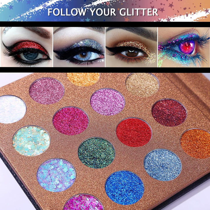 Pro Glitter Eyeshadow Palette - Professional 16 Colors - Chunky & Fine Pressed Glitter Eye Shadow Powder Makeup Pallet Highly Pigmented Ultra Shimmer for Face Body