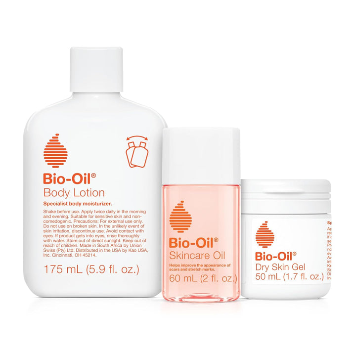 Skincare Set for Scars, Stretch Marks, and Dry Skin, 3 Pc Travel Size Kit Includes Skin Care Oil (2 Oz), Dry Skin Gel (1.7 Oz), and Body Lotion (5.7 Oz), Pregnancy and Maternity Stretch Marks