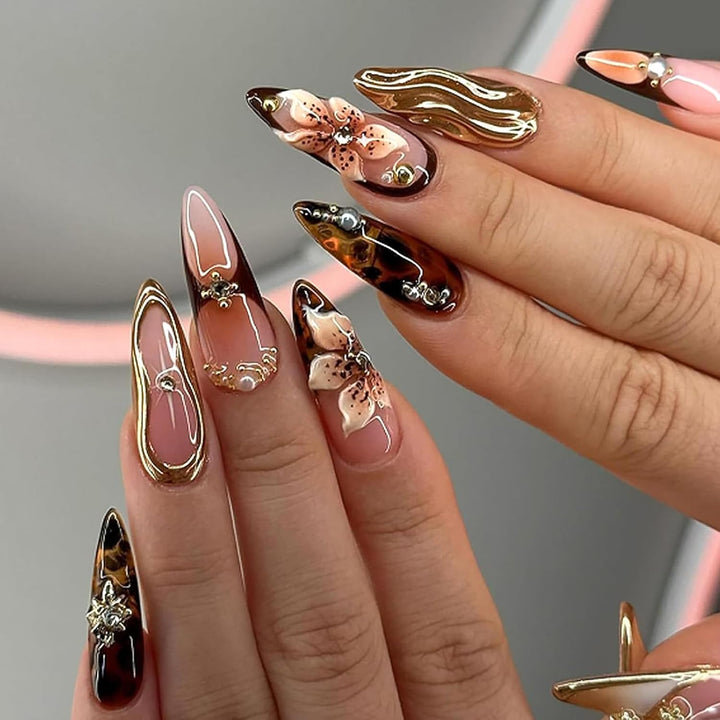 Medium Almond 3D Brown Gold Flower Press on Nails-‎ Tortoiseshell Leopard French Tip Blossom Gradient Design,24Pcs Handmade Fall/Autumn/New Year Glue on Acrylic Fake Nail Press Ons for Women