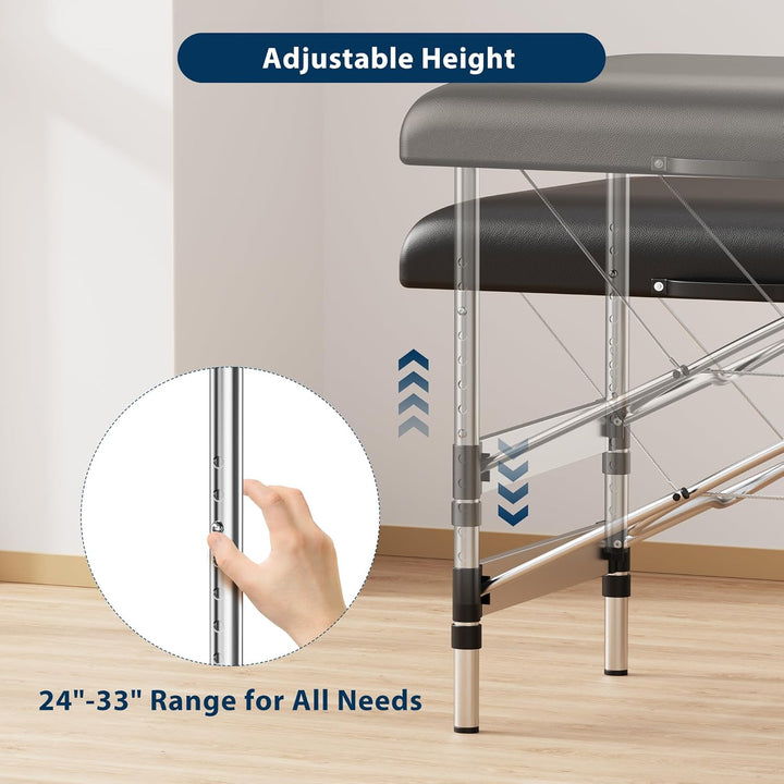 Massage Table Portable, 2-Fold Lash Bed with Side Pocket, Adjustable Height, Sturdy Aluminum Frame, Esthetician Spa Facial Tattoo Bed with Face Cradle & Carrying Bag, Black