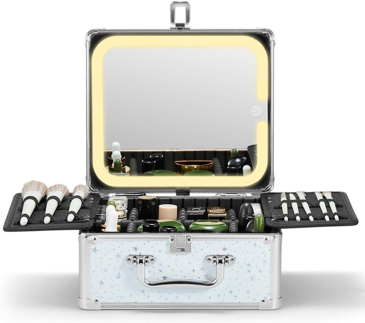 Makeup Box with a Detachable Lighted Mirror, Waterproof Travel Train Case, Cosmetic Organizer and Makeup Suitcase with Adjustable Dividers, Magnetic LED Mirror (Black)