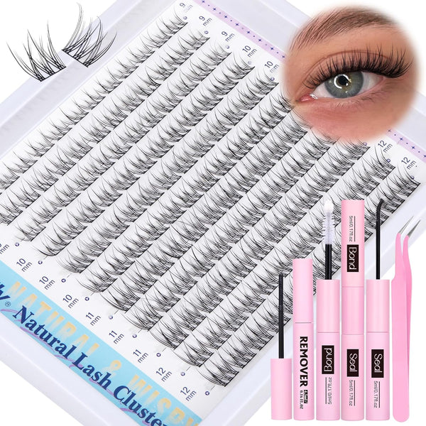 Natural Lash Clusters Kit DIY Lash Extension Kit Wispy Eyelash Extension Kit C-Curly Individual Lashes Kit 9-12MM Short Eyelash Clusters with Lash Remover by