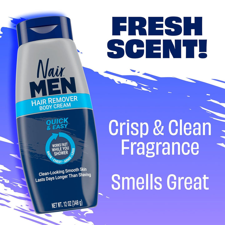 Men Hair Remover Body Cream, Quick and Easy Body Hair Removal Cream for Men, Aloe and Lanolin, Dermatologist Tested, 12 Oz