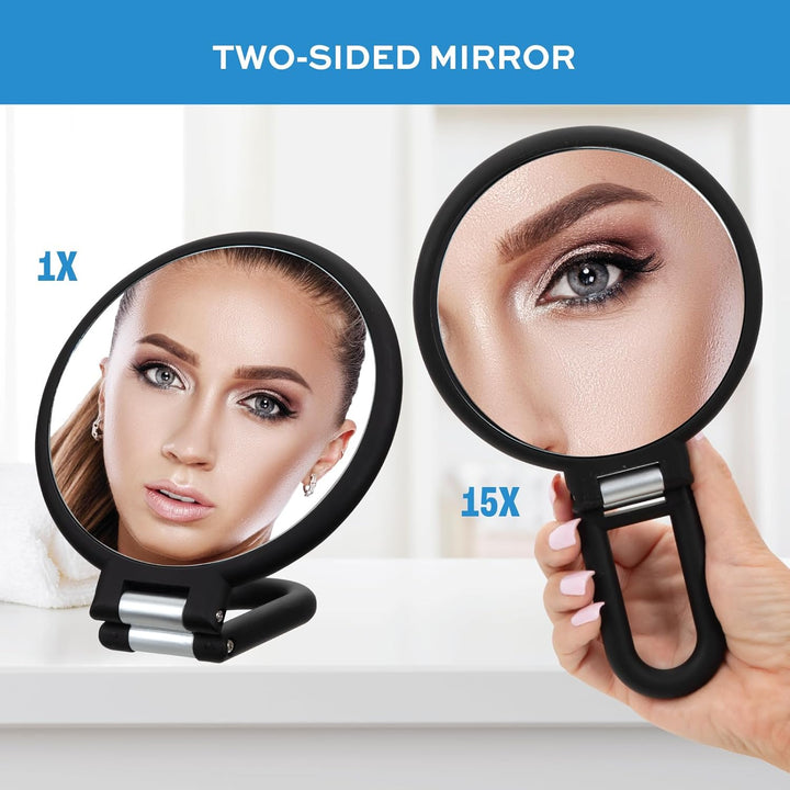 Premium Magnifying Handheld Mirror, 1X/15X Magnification Hand Mirror, Folding Adjustable Handle, for Makeup, Travel, Black