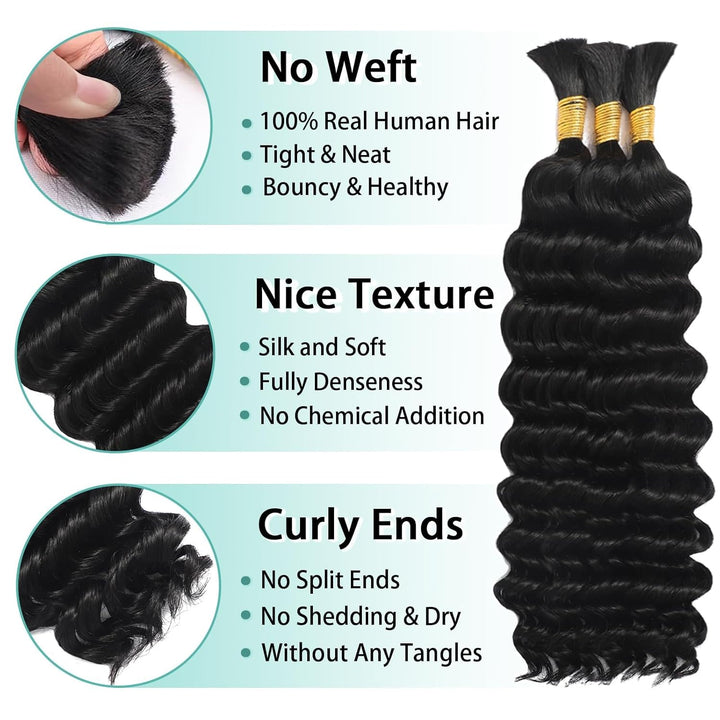 Human Braiding Hair for Boho Braids Human 110G 20 Inch Curly Boho Hair for Braiding Knotless 12A Deep Wave Bulk Bohemian 3 Bundles/Pack Natural Color
