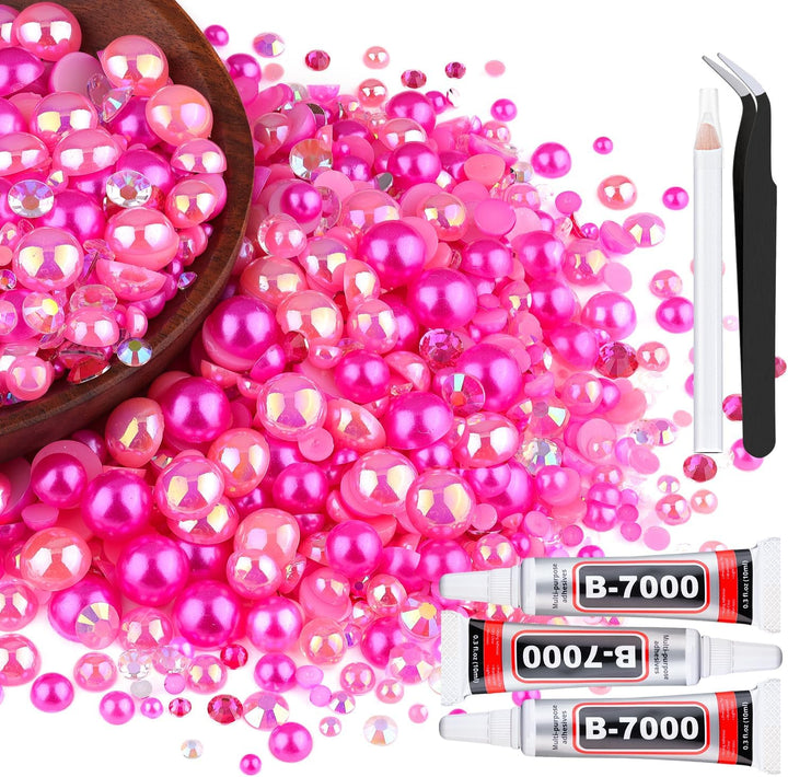 9000PCS Flatback Pearls and Pink Rhinestones for Bedazzling Kit, Pink White 3-10Mm Resin Rhinestones Gems and Half Pearls for Crafting, Nail Art and Grad Cap Decor with B7000 Jewelry Glue
